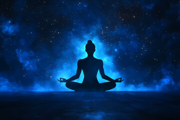 A yoga pose silhouette glowing against a digital starry night, symbolizing calm and harmony