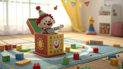 Joyful clown toy popping out of a colorful jack-in-the-box in a playful nursery, cheerful and nostalgic atmosphere, 