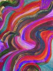 Psychedelic abstract waves with bright colors. The dabbing technique near the edges gives a soft focus effect due to the altered surface roughness of the paper.