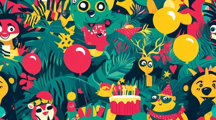 Fototapeta premium Colorful Cartoon Animals Celebrating Birthday Party in Jungle Setting