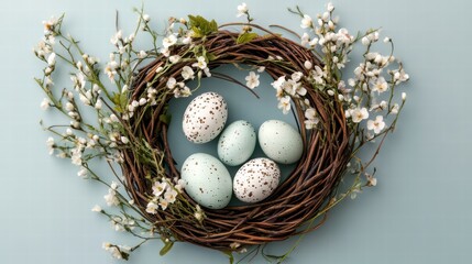 Easter Egg Nest: A delicate wreath of woven branches adorned with delicate white blossoms cradles a cluster of pale blue speckled eggs, evoking the joy and renewal of spring.