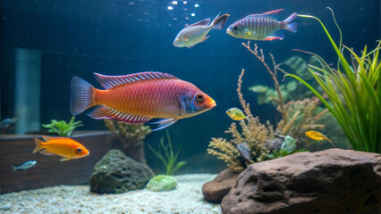 Fototapeta premium Vibrant aquarium scene featuring colorful fish swimming among plants and rocks, serene underwater atmosphere, copy space 