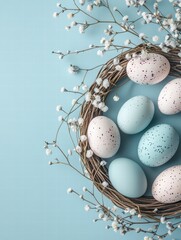 Easter Eggs in Nest: A delicate nest woven with twigs and surrounded by delicate white blossoms holds an array of pastel blue and pink Easter eggs.