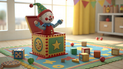 Vintage clown toy popping out of a colorful jack-in-the-box in a cheerful playroom, playful and nostalgic atmosphere, copy space