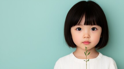 Young Girl Holding Plant Against Soft Blue Background in Studio