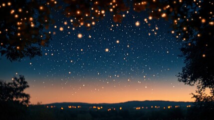 Magical Night Sky with Twinkling Stars and City Lights in the Distance