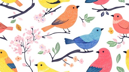Colorful Birds Chirping Together in a Pastel Floral Design