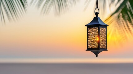 Beautiful Ramadan Lantern Hanging Under Palm Leaves at Sunset