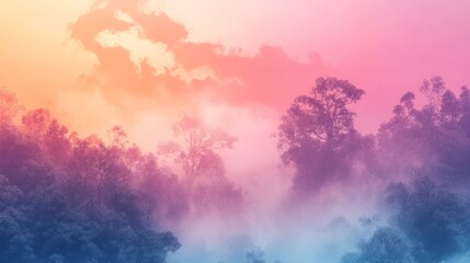 Fototapeta premium Misty sunrise forest landscape, colorful clouds, tranquil nature scene, ideal for travel brochures