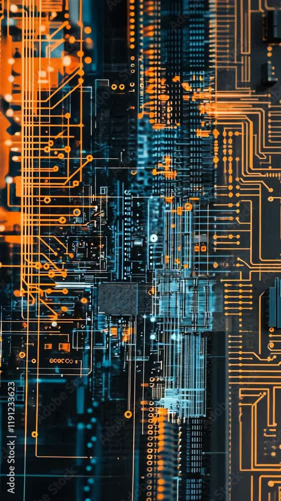 Poster circuit board design featuring intricate patterns and vibrant orange highlights against a dark backg