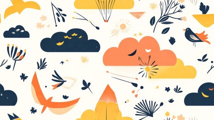 Naklejka premium Charming Illustrations of Kites and Clouds in Whimsical Style
