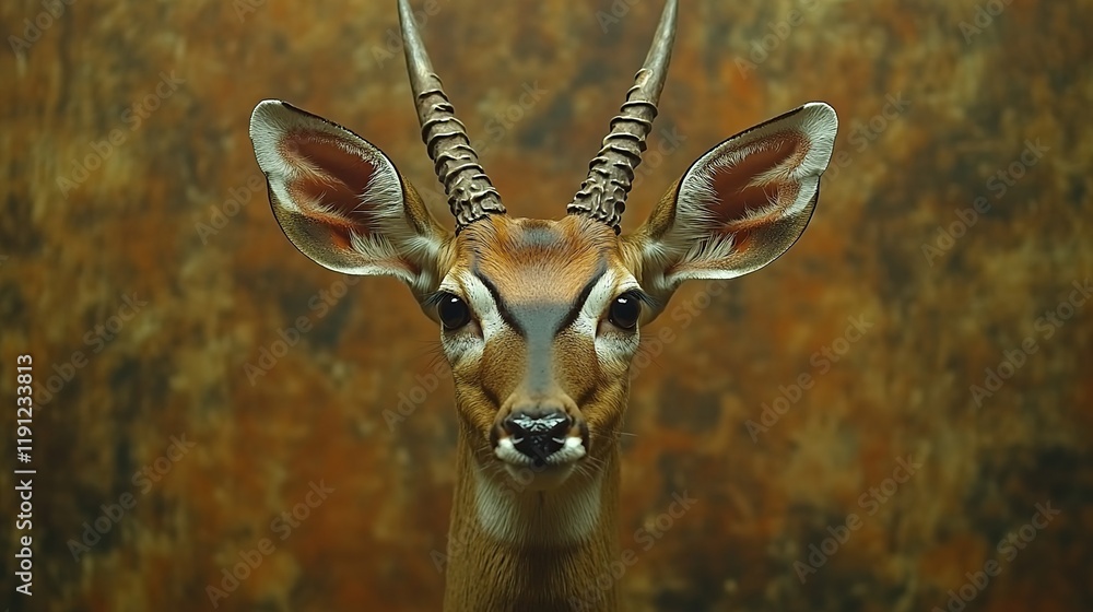 Poster Close-up portrait of a graceful antelope with distinctive spiral horns against a textured brown background.