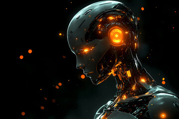 A humanoid robot repairing itself under glowing neon lights, symbolizing technological self-sufficiency