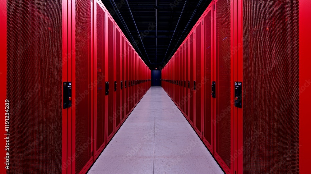 Poster red server racks in a modern data center for cloud storage solutions
