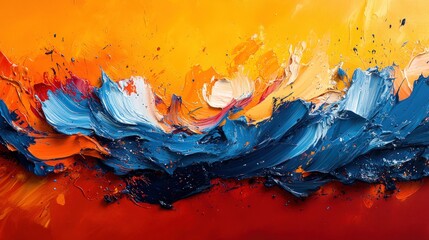 Abstract impasto painting; vibrant blues, oranges, reds.