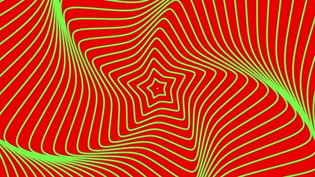 Abstract red and green spiral lines forming a dynamic geometric pattern.