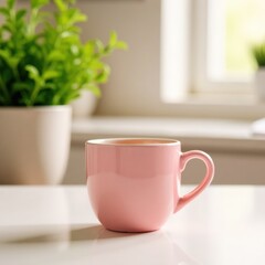 A mug of soft pink coffee, a bright kitchen and green plants in the background