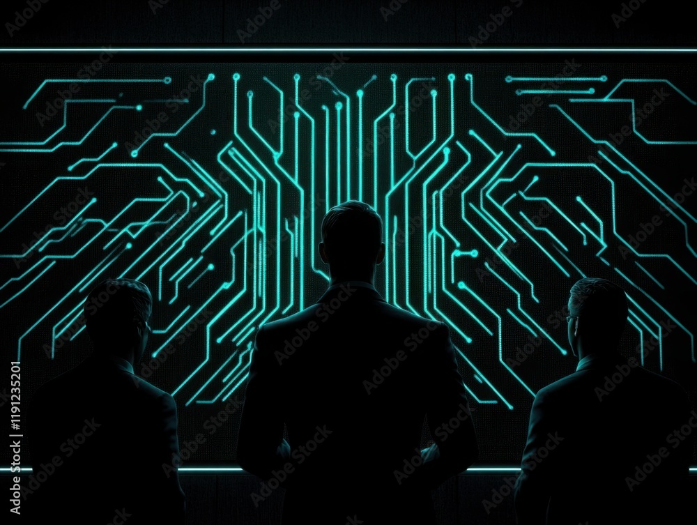Aufkleber three professionals analyzing digital circuit board patterns in a futuristic office environment with