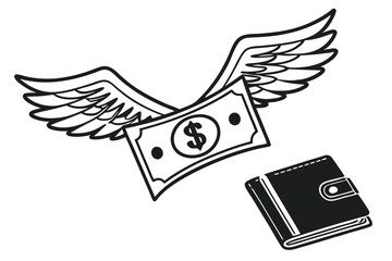 icon design, money with wings, flying dollar bill, wallet, financial freedom, simple black and white illustration, minimalist graphic, wealth symbol, economic concept, line art, vector style, flat des
