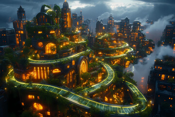 A modern city skyline with glowing green solar panels on rooftops, illustrating an eco-friendly future