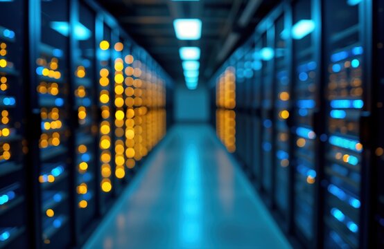 Modern data center interior. Rows of server equipment illuminated by blue, yellow lights. Blurry perspective creates futuristic tech vibe. Aisle within server room. Information technology