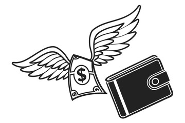icon design, money with wings, flying dollar bill, wallet, financial freedom, simple black and white illustration, minimalist graphic, wealth symbol, economic concept, line art, vector style, flat des