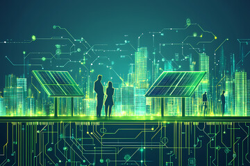 A modern city skyline with glowing green solar panels on rooftops, illustrating an eco-friendly future