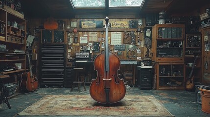 Double Bass Stands in a Cluttered Musical Instrument Workshop