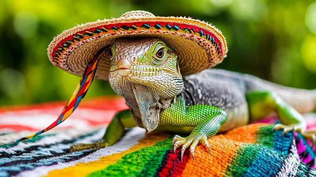 Colorful lizard wearing a sombrero rests on woven textile in vibrant outdoor setting