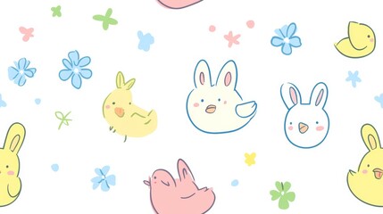 Whimsical Doodles Featuring Bunnies, Ducks, and Chicks in Pastel Colors