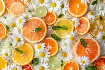 Fresh Citrus Fruits Background, Orange, Lemon, Lime Slices with Mint and White Flowers, Vitamin C