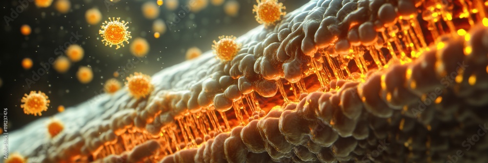 Poster viruses actively invading cells in a dynamic microscopic environment. generative ai