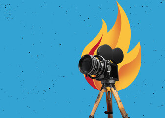 Vintage retro film camera. Vintage cinema poster. best, Hot film raiting. Contemporary flat design art collage.