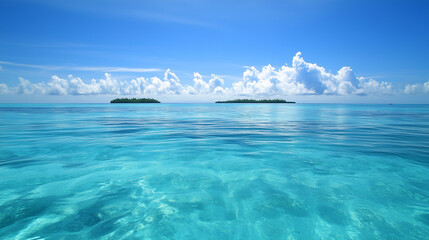 Crystal clear blue waters with gentle ripples and distant islands.