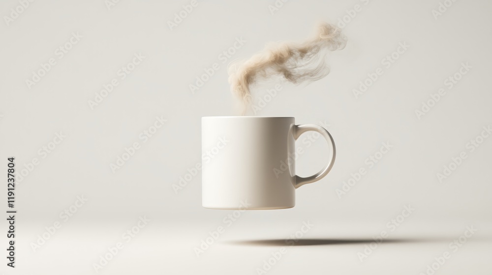 Poster White mug is levitating and steaming against a minimal background, creating a surreal and captivating scene with potential for conceptual interpretations