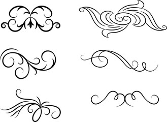 Calligraphic black and elegant swirls collection. Set of curls and scrolls for wall decoration, page decoration, greeting cards and tattoos. Vector calligraphic design elements illustration.