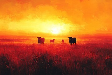 Naklejka premium Sunset silhouettes: cows graze fiery field.
