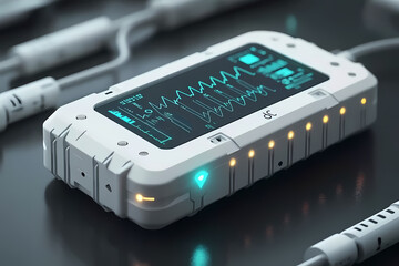 A wearable device projecting glowing vital stats in real-time, representing the future of health technology