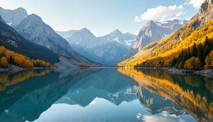 Obraz premium Stunning mountain landscape with crystal-clear lake, autumn beauty