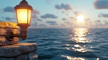 Obraz premium Serene Seaside Scene with Lantern Illuminating Ocean at Sunset