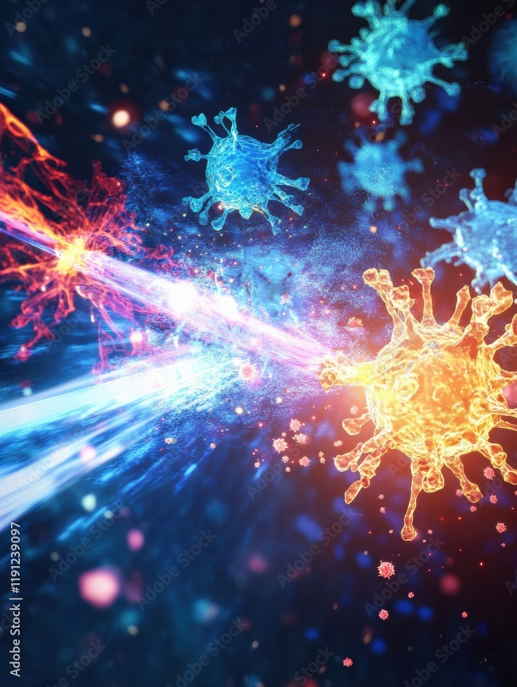 Poster visualization of antibodies engaging and neutralizing glowing viruses in a digital representation of