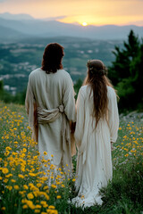 Jesus Christ and His bride walking in a meadow