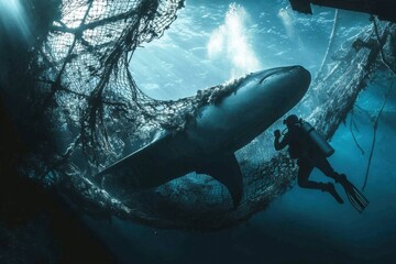 Rescuing a large whale shark tangled in a fishing net