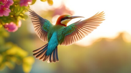 Fototapeta premium Vibrant bird in flight near flowers.