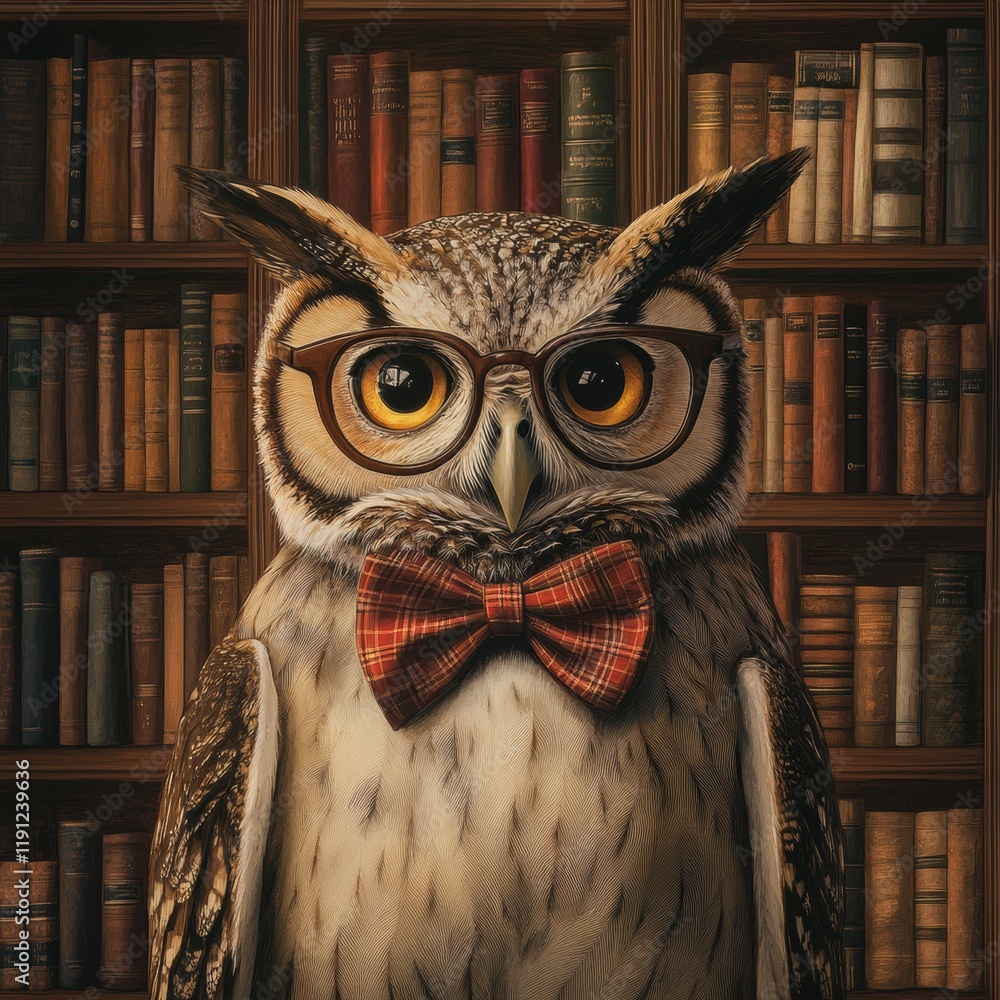 Poster owl wearing glasses and a bow tie sitting in front of a grand bookshelf filled with books and knowle