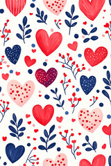 Romantic Hearts and Twigs Pattern: This delightful pattern features scattered hearts of different sizes and colors, accented with sprigs of leaves and berries.