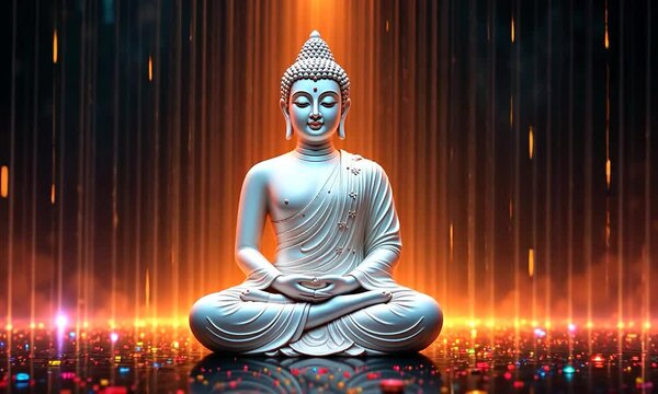white color buddha in a meditation pose at a black background with a color matrix rain. vesak festival, buddhist festival and lord buddha, meditation and mindfulness, technology and buddhism