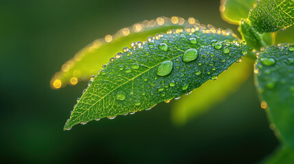 Close up of vibrant green leaves with dew drops glistening in sunlight, showcasing nature beauty and freshness