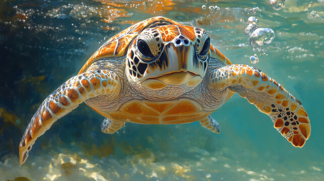 vibrant sea turtle gliding gracefully through clear blue water, showcasing its intricate shell patterns and lively expression. underwater scene is filled with bubbles and sunlight
