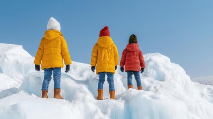 Children playing on a melting ice sculpture playground, future under threat, stark message